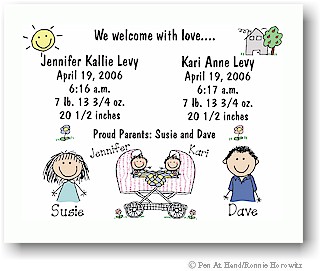 Pen At Hand Stick Figures Birth Announcements - Twins Carriage (color)